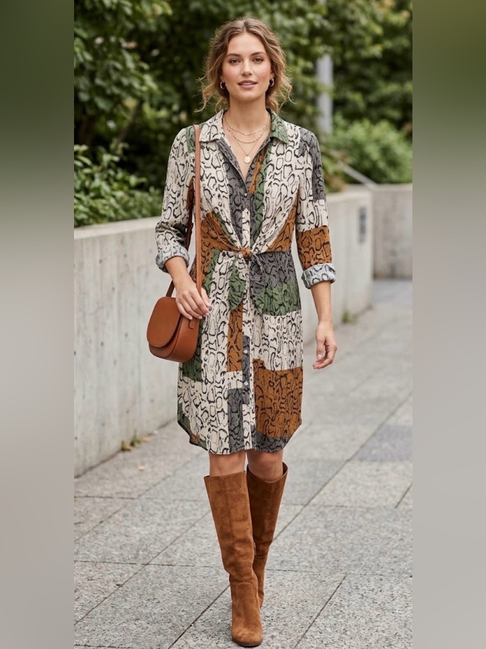 Nine West Patchwork Animal Print Shirt Dress in Cream, Brown & Green